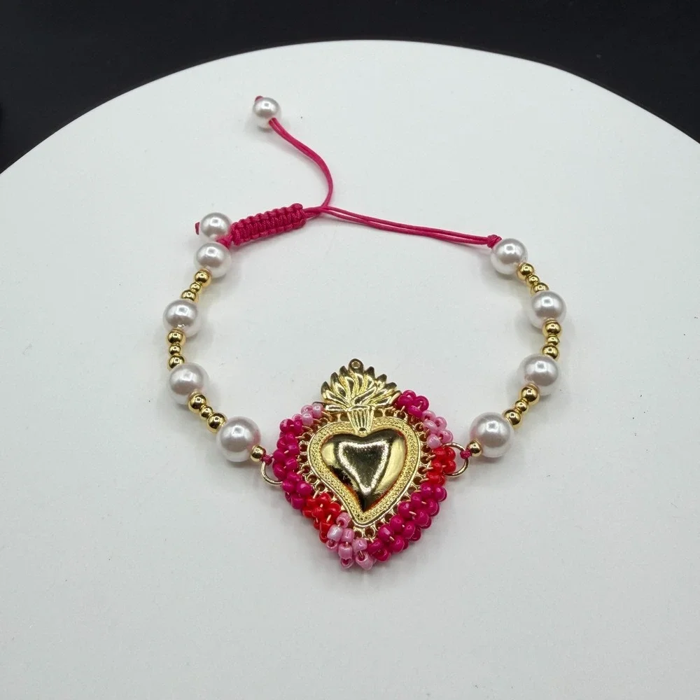Sacred Heart Bracelet Pink Beaded Pearl Adjustable Gold Tone Valentine Boho